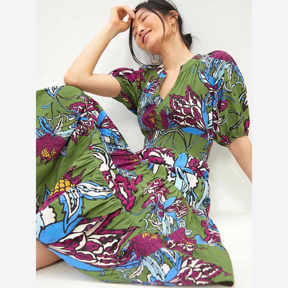 Green Floral Midi Dress with Puff Sleeves - Picture 11 of 16
